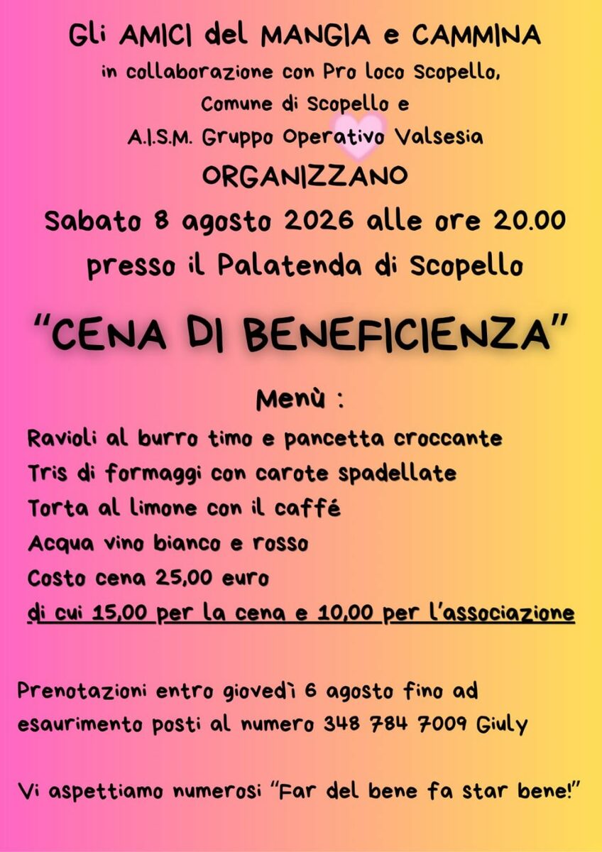 Scopello, cena di beneficenza al Palatenda con gli Amici del Mangia e Cammina Scopello, cena di beneficenza al Palatenda con gli Amici del Mangia e Cammina