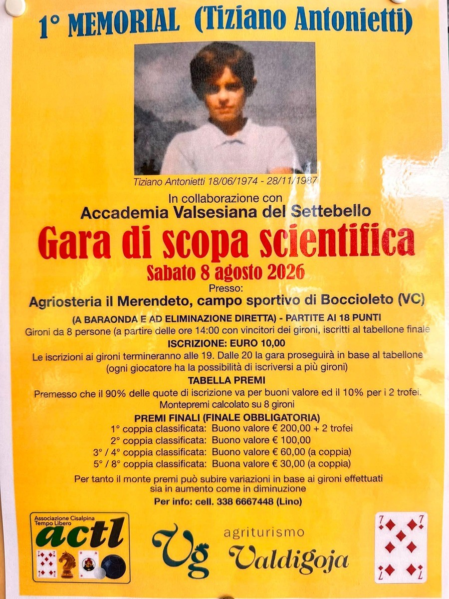 Boccioleto, sabato il primo Memorial Tiziano Antonietti con la gara di scopa scientifica Boccioleto, sabato il primo Memorial Tiziano Antonietti con la gara di scopa scientifica