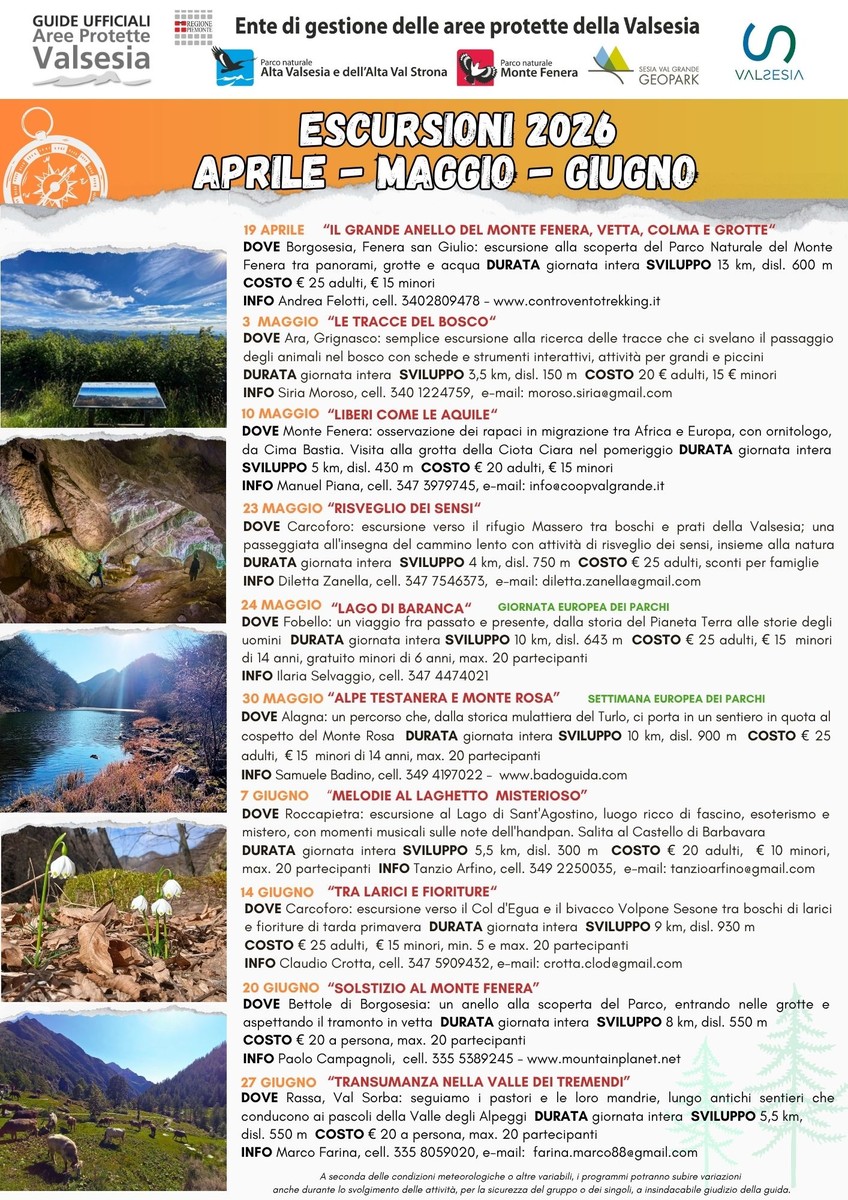 Escursioni in Valsesia da aprile a giugno 2026: il calendario delle Guide ufficiali tra Monte Fenera, Alta Valsesia e Val Sorba