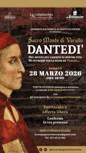 Varallo, il 28 marzo il “Dantedì” al Sacro Monte: visita guidata e spettacolo con La Compagnia Itinerante