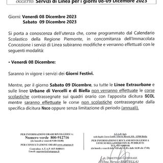 Atap modifica le linee nei giorni 8 e 9 dicembre 2023: le variazioni.
