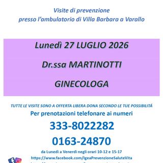Varallo, visite ginecologiche di prevenzione a Villa Barbara con l’associazione Igea