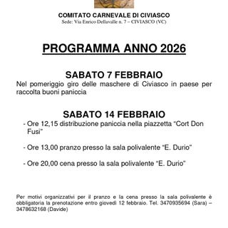 A Civiasco torna il “Carlavée ’d Civiasch” tra maschere, buoni Paniccia e pranzo in compagnia
