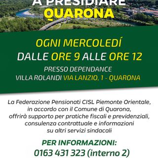 Quarona, la CISL torna a presidiare il paese: sportello ogni mercoledì alla dependance di Villa Rolandi