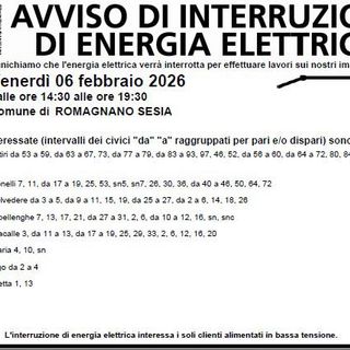 Romagnano Sesia, lavori sugli impianti: interruzione dell’energia elettrica in alcune vie
