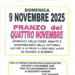 A Roasio il tradizionale “Pranzo del Quattro Novembre” per celebrare la Giornata delle Forze Armate e l’Anniversario della Vittoria