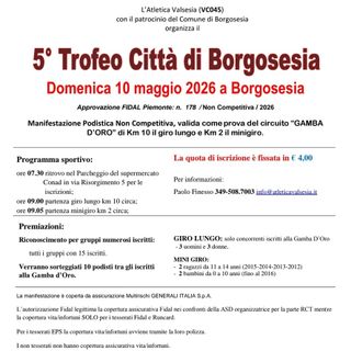 Borgosesia si prepara al 5° Trofeo Città di Borgosesia: corsa non competitiva il 10 maggio