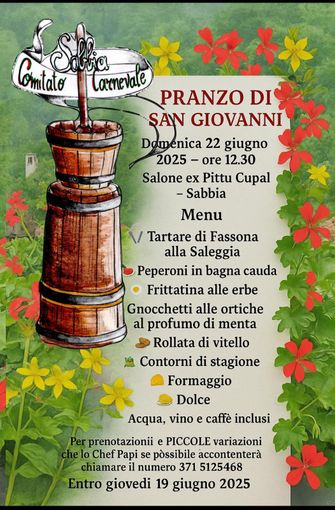 Pranzo di San Giovanni a Sabbia: ecco il programma Pranzo di San Giovanni a Sabbia: ecco il programma