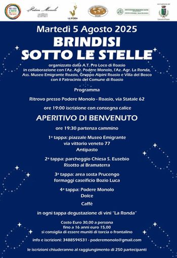 Martedì 5 agosto a Roasio torna  'Brindisi sotto le stelle'