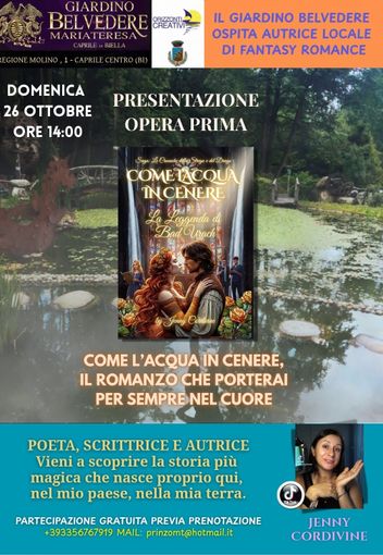Caprile, al Giardino Belvedere la presentazione del romanzo “Come l’acqua in cenere” di Jenny Cordivene Caprile, al Giardino Belvedere la presentazione del romanzo “Come l’acqua in cenere” di Jenny Cordivene