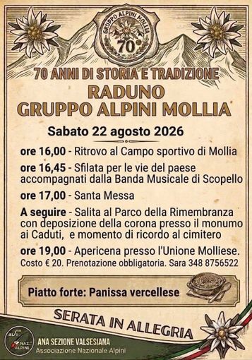 Mollia, il 22 agosto il raduno per i 70 anni del Gruppo Alpini