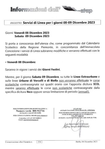 Atap modifica le linee nei giorni 8 e 9 dicembre 2023: le variazioni.