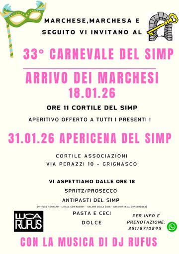 A Grignasco il Carnevale del Simp entra nel vivo tra arrivo dei Marchesi e “AperiCena” nel cortile delle Associazioni
