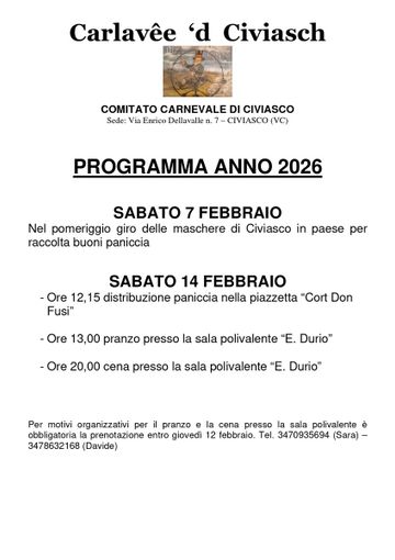 A Civiasco torna il “Carlavée ’d Civiasch” tra maschere, buoni Paniccia e pranzo in compagnia