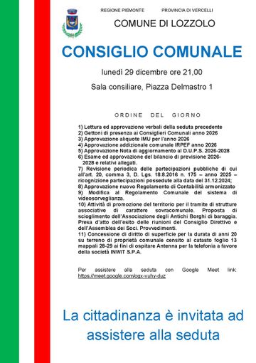 Lozzolo, convocato il Consiglio comunale del 29 dicembre: bilancio, IMU e regolamento di contabilità all’ordine del giorno