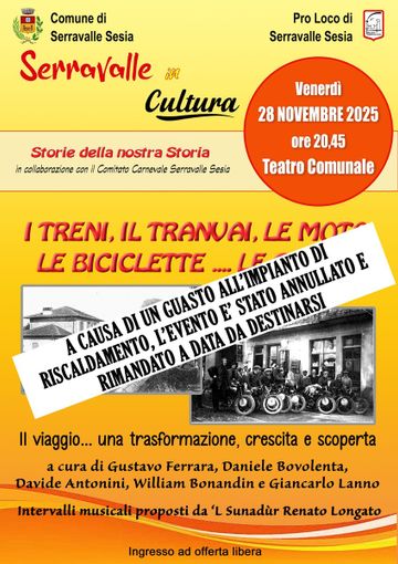 Serravalle Sesia, annullato l’evento “I treni, il tranvai, le moto, le biciclette… le corse!” per un guasto all’impianto di riscaldamento Serravalle Sesia, annullato l’evento “I treni, il tranvai, le moto, le biciclette… le corse!” per un guasto all’impianto di riscaldamento