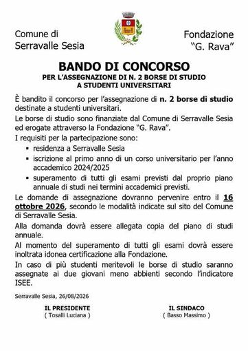 Serravalle Sesia, due borse di studio per gli universitari residenti