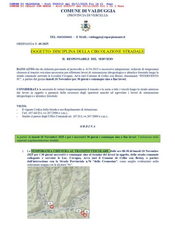 Valduggia, strada chiusa verso Cavagna e Arva per lavori di sistemazione idrogeologica