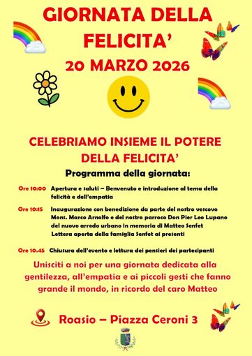 Roasio celebra la “Giornata della Felicità”: il 20 marzo un evento tra gentilezza, empatia e memoria