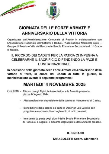 Roasio celebra la Giornata delle Forze Armate e l’Anniversario della Vittoria