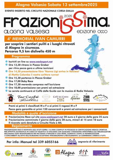 Alagna: sabato 13 settembre si corre la "Frazionissima"