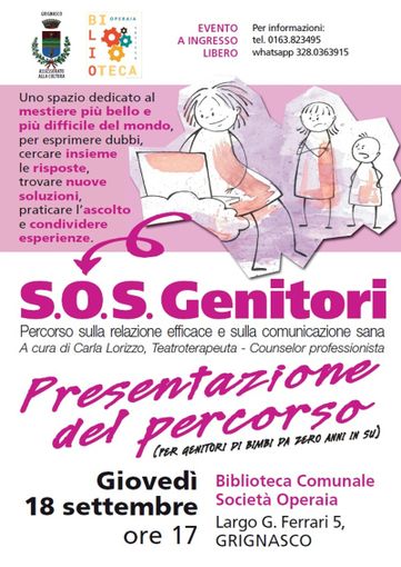 A Grignasco arriva "S.O.S Genitori ": un percorso di sostegno e consigli in biblioteca A Grignasco arriva "S.O.S Genitori ": un percorso di sostegno e consigli in biblioteca