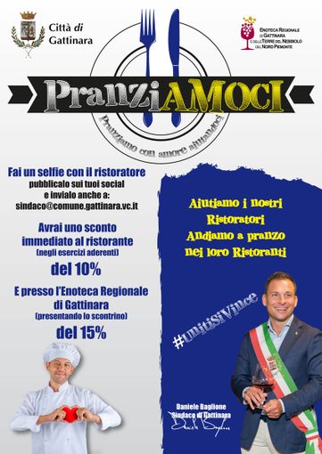 Gattinara: al via l'iniziativa &quot;PRANZIAMOCI&quot; per sostenere la ristorazione dopo il Dpcm
