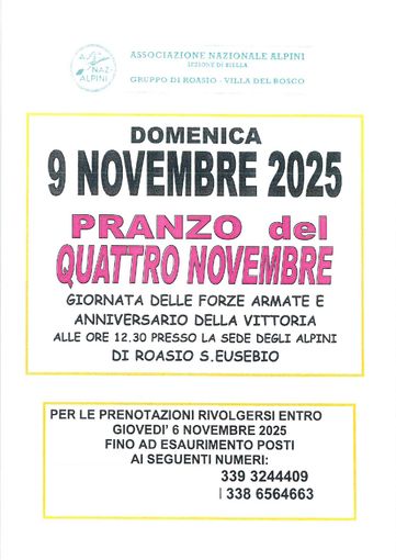 A Roasio il tradizionale “Pranzo del Quattro Novembre” per celebrare la Giornata delle Forze Armate e l’Anniversario della Vittoria A Roasio il tradizionale “Pranzo del Quattro Novembre” per celebrare la Giornata delle Forze Armate e l’Anniversario della Vittoria