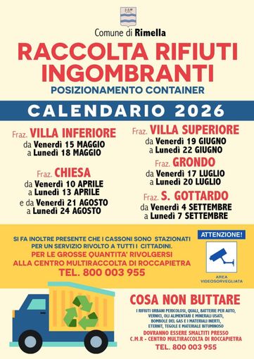 Rimella, nel 2026 torna la raccolta dei rifiuti ingombranti con container nelle frazioni: il calendario