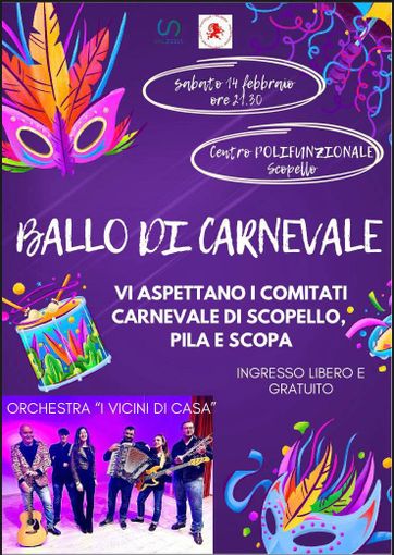 Scopello, Ballo di Carnevale al Centro Polifunzionale: serata con l’orchestra “I Vicini di Casa”