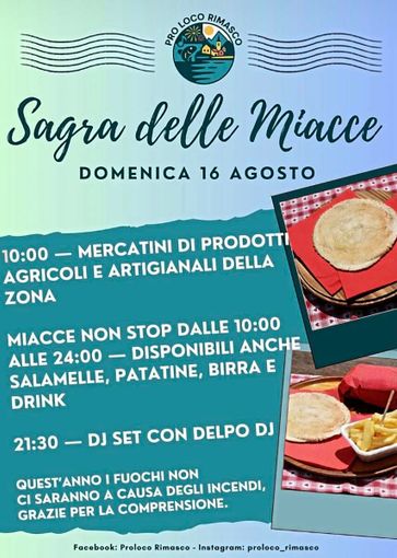Rimasco, confermata la Sagra delle Miacce ma annullati i fuochi d’artificio Rimasco, confermata la Sagra delle Miacce ma annullati i fuochi d’artificio
