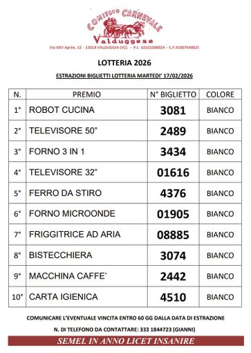 Valduggia, ecco i biglietti vincenti della Lotteria 2026 del Comitato Carnevale Valduggese Valduggia, ecco i biglietti vincenti della Lotteria 2026 del Comitato Carnevale Valduggese