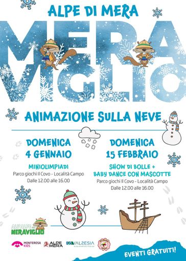 Alpe di Mera, torna l’animazione sulla neve: il 15 febbraio show di bolle e baby dance con mascotte