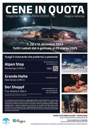 Alagna, cena in quota ai piedi del Monte Rosa: termina il 29 marzo 2025. Alagna, cena in quota ai piedi del Monte Rosa: termina il 29 marzo 2025.