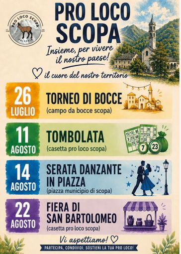 Scopa, estate con la Pro Loco tra bocce, tombola, ballo e Fiera di San Bartolomeo Scopa, estate con la Pro Loco tra bocce, tombola, ballo e Fiera di San Bartolomeo