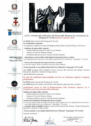 Vercelli, il Giorno della Memoria alla Sinagoga: cerimonia con autorità, studenti e consegna della medaglia d’onore