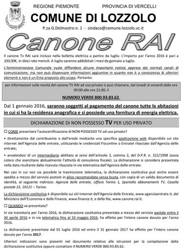 Lozzolo: Comunicato sul Canone RAI Lozzolo: Comunicato sul Canone RAI