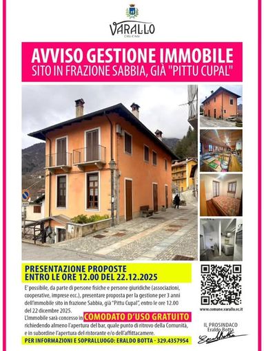 Varallo, aperta la selezione per la gestione dell’immobile di Frazione Sabbia: proposte entro il 22 dicembre