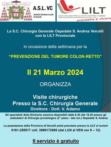 ASL Vercelli: visite gratuite per la prevenzione del tumore colon-retto.
