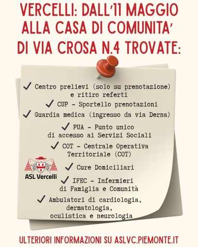 Vercelli, dall’11 maggio i servizi sanitari nella nuova Casa di Comunità di via Crosa Vercelli, dall’11 maggio i servizi sanitari nella nuova Casa di Comunità di via Crosa