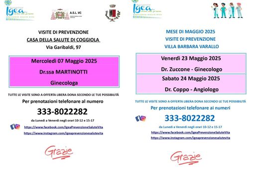 Maggio della prevenzione: visite specialistiche a Varallo e Coggiola con l’associazione Igea Maggio della prevenzione: visite specialistiche a Varallo e Coggiola con l’associazione Igea