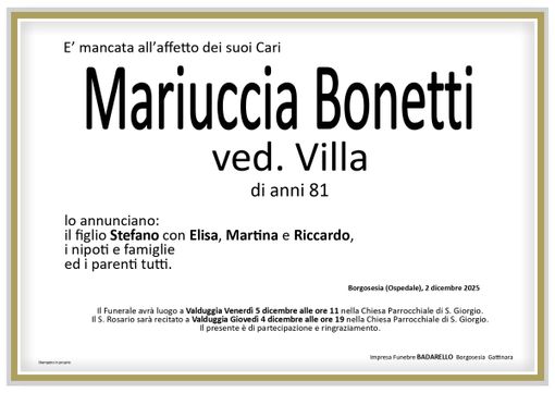 Mariuccia Bonetti, ved. Villa