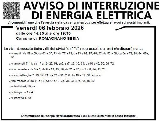 Romagnano Sesia, lavori sugli impianti: interruzione dell’energia elettrica in alcune vie
