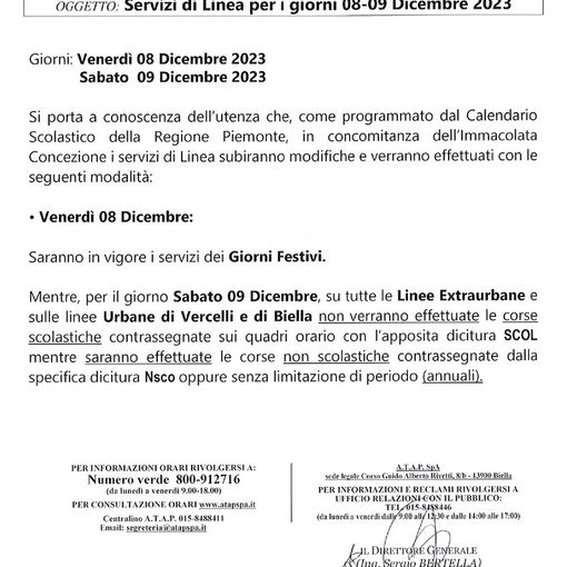 Atap modifica le linee nei giorni 8 e 9 dicembre 2023: le variazioni.
