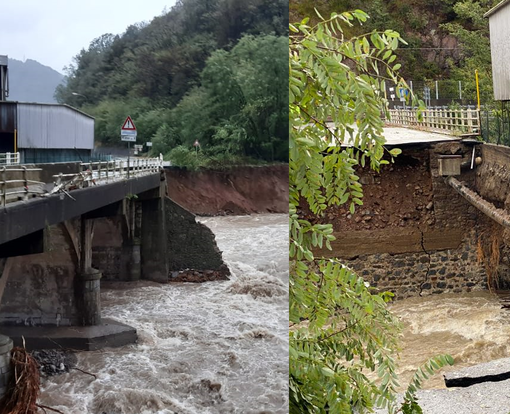Maltempo, a Crevacuore crolla l'asfalto sul ponte dell'ex cartiera, viabilità sospesa FOTO