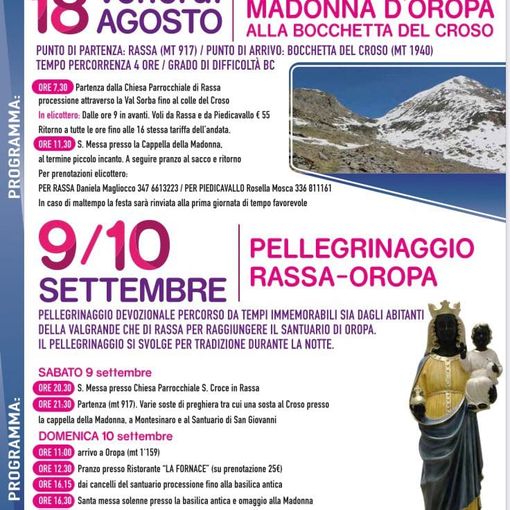 Due iniziative del Comune di Rassa, dell'ass.ne &quot;Cammino di Luce&quot; e della Pro Loco per agosto e settembre