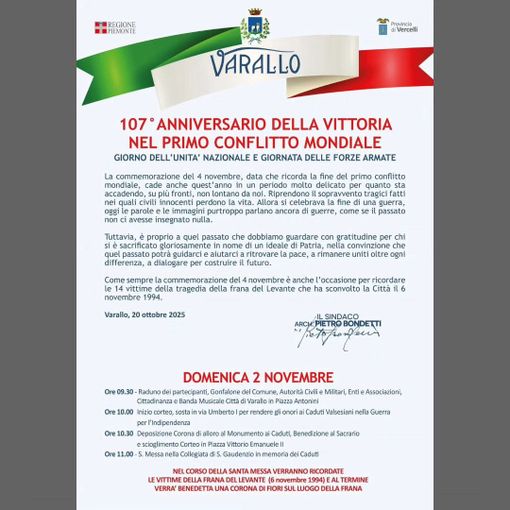 Varallo celebra il 107° anniversario della Vittoria nel Primo Conflitto Mondiale