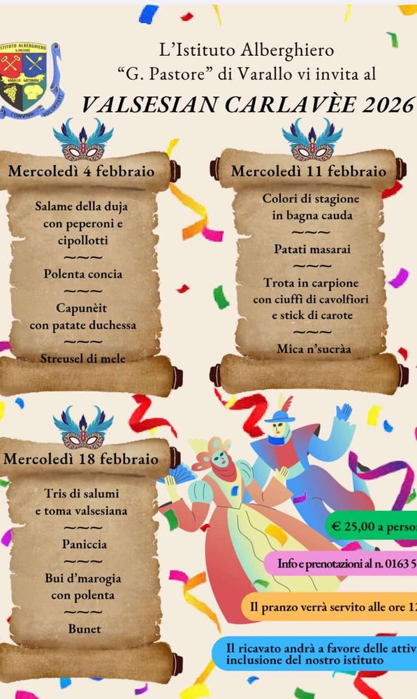 A Varallo il “Valsesian Carlavèe 2026”: tre pranzi di Carnevale all’Istituto Alberghiero Pastore