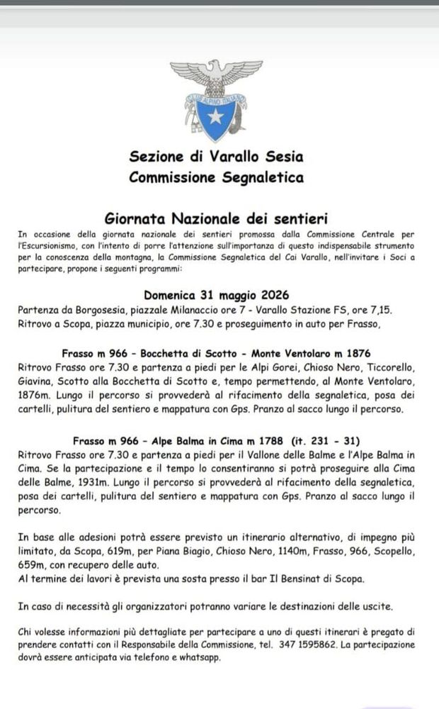 Giornata Nazionale dei Sentieri, il CAI Varallo propone due itinerari in alta Valsesia Giornata Nazionale dei Sentieri, il CAI Varallo propone due itinerari in alta Valsesia