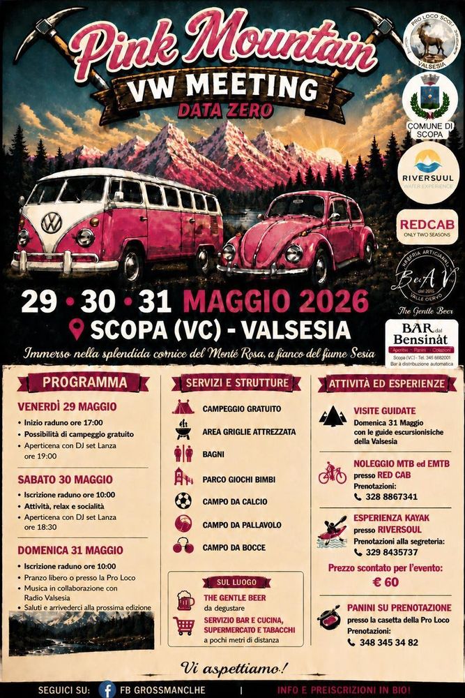 Scopa ospita il “Pink Mountain VW Meeting”: tre giorni tra motori, turismo e Valsesia Scopa ospita il “Pink Mountain VW Meeting”: tre giorni tra motori, turismo e Valsesia